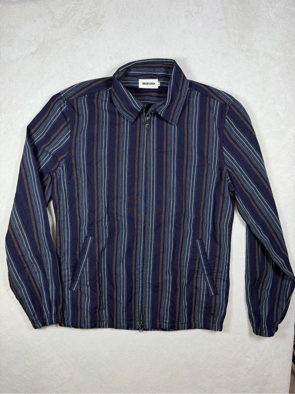 Taylor Stitch 38 Medium The Clark Jacket Navy Gray Stripe Lightweight Zip Jacket
